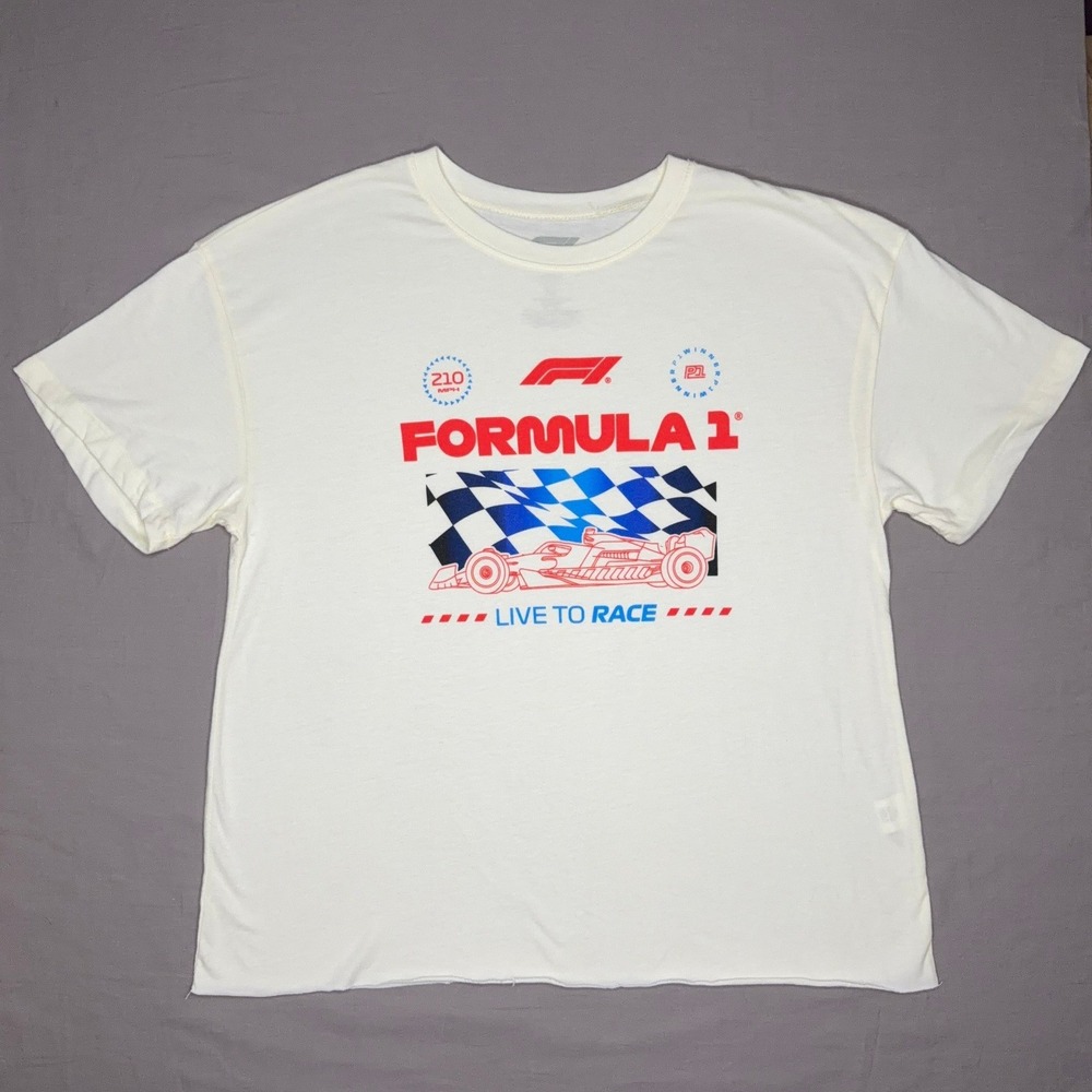 NWOT Formula 1 T-Shirt Women XL White Excellent Graphic Raw Hem Race Tee